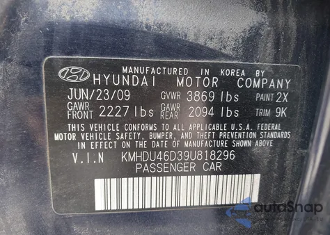 2009 Hyundai Elantra Gls from USA, damaged, VIN KMHDU46D39U818296